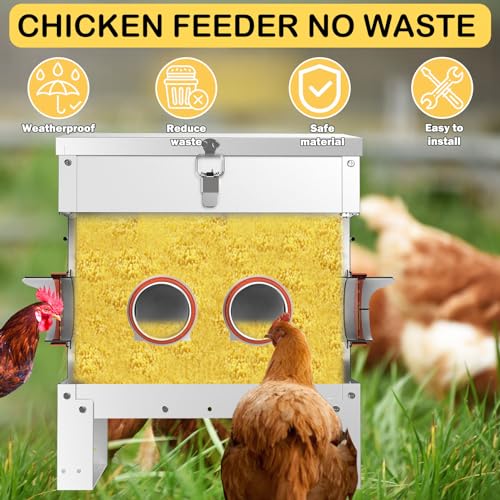 Automatic Chicken Feeder No Waste Metal Poultry Feeder Large Capacity 25lbs for Chickens, Geese, Ducks, Turkeys, Quails (4-Port) - size: 4-Port