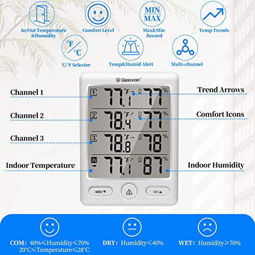 Geevon Indoor Outdoor Thermometer Wireless with 3 Remote Sensors, Digital Hygrometer Indoor Thermometer, Temperature Humidity Monitor Gauge with 200FT/60M Range - color: White