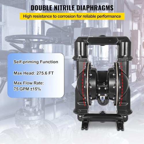 VEVOR Air-Operated Double Diaphragm Pump, 2 inch Inlet & Outlet, Aluminum Alloy Body, 158.4 GPM & Max 120PSI, Nitrile Diaphragm Transfer Pump for Petroleum, Diesel, Oil and Low Viscosity Fluids - size: 75 GPM