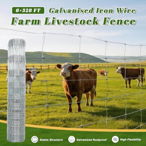 Galvanized Farm Fence, 6ft x 328ft Heavy Duty Wire Fencing for Cattle, Goats, Deer, Horses, Chicken,Pasture, Garden Boundary – Rust Resistant, Easy Installation