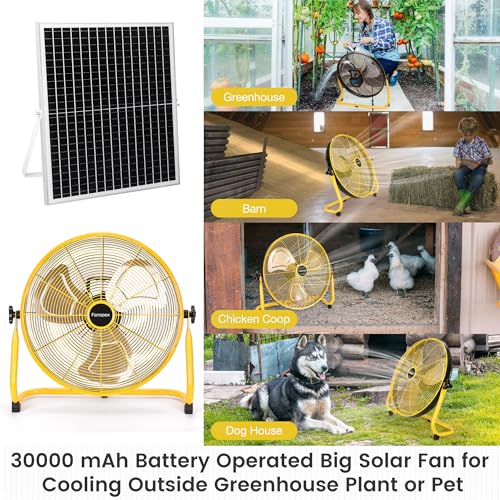 Fanspex 20" Solar Rechargeable Floor Fan for Outdoor Gazebo Greenhouse Barn | 111 Wh Battery Operated Fan, 360° Tilt with 35W Solar Panel Powered for Patio Camping Cooling or Air Circulation - size: 20"