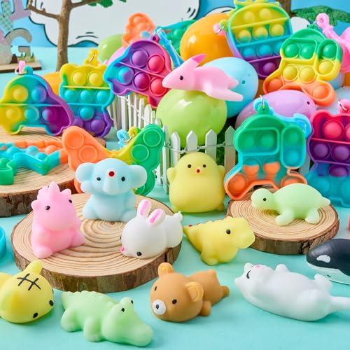 JOYIN 24 Pcs Prefilled Easter Eggs with Assorted Toys, Filled with Mochi and pop Bubble Keychains, Easter Stuffed Toys for Kids to Egg Hunt, Kids Basket Stuffers, Party Favor, Classroom Prize - style: Cute