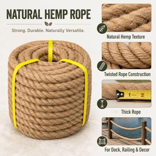 Natural Hemp Rope - 1 Inch × 100 Feet - Heavy Duty Jute Twisted Manila Thick Rope for Crafts, Hammock, Nautical, Decorating - size: 1 in×100 ft