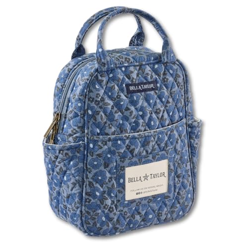 Bella Taylor Lunch Tote, Quilted Lunch Bag, Navy Floral | Lightweight quilted cotton lunch box, easy-to-clean PEVA lining, 3 outside/1 inside pocket, durable construction - color: Navy Floral