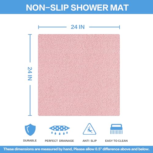 Square Non-Slip Shower Mat 24x24 Inches, Quick-Draining Bath Mat for Shower Floor, PVC Loofah Textured Shower Stall Mat, Secure Anti-Slip Bathroom Mat, Boho Style Bath Mat (Pink) - color: Pink