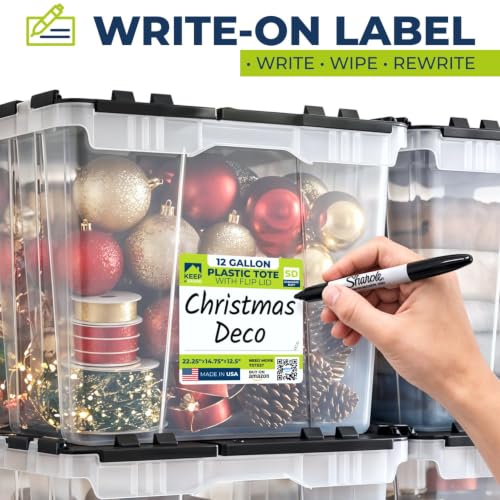 12 Gallon Clear Storage Tote with Flip Lid, Standard Duty, Pack of 1 | 22.25"×14.75"×12.5" Lightweight Stackable Plastic Storage Bin with Flip Lid and Wipe-Clean Label - Made In USA - style: Standard Duty