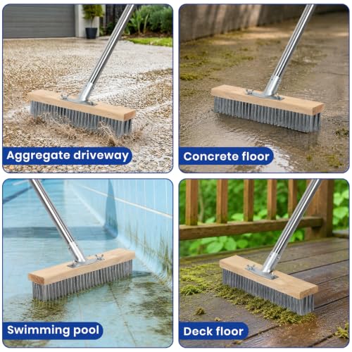 Stainless Steel Deck Scrub Brush, Outdoor Broom for Concrete, Deck, Cement Floor Cleaning, 56" Long Handled Heavy Duty Floor Scrubber