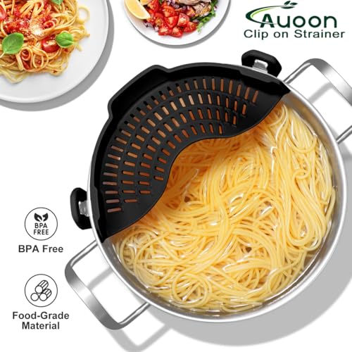 AUOON Pot Strainer Clip on Silicone, Large 10.45 x 4.33 in, Black | Fits Pots Pans Bowls, Dishwasher Safe, for Pasta Noodles Vegetable Fruits, Space-saving Kitchen Gadget - color: Black, size: Large 10.45 x 4.33 in