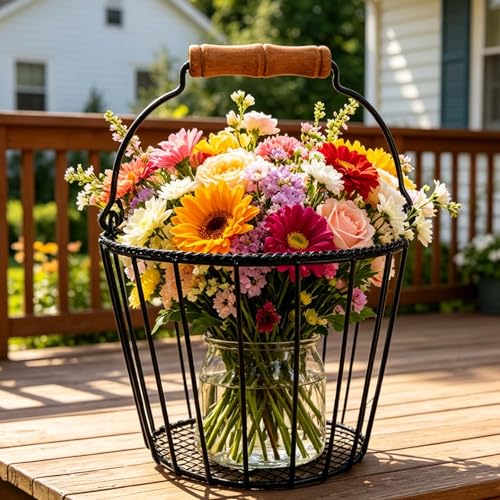 Metal Wire Egg Basket for Gathering Fresh Eggs,Round Egg Collection Basket | TAIANLE Black Farmhouse Egg Collecting Basket for Fresh Egg with Handle,Chicken Egg Holder Kitchen Countertop,Easter Egg Hunt