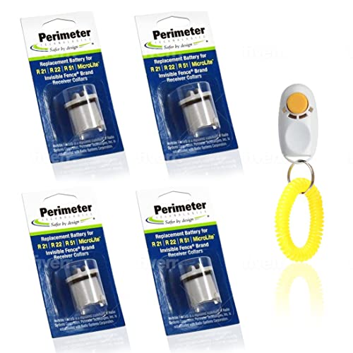 Perimeter Technologies Dog Collar Batteries Compatible with Invisible Fence | Replacement Batteries for R21 or R51 Receiver Dog Collars | Includes ElectroPet Training Clicker | Pack of 4