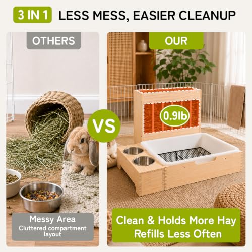 3-in-1 Rabbit Hay Feeder with Litter Box, Bowl Tray for Medium Bunnies | Wire Grate Separates Waste, Includes Mini Brush, Wooden Bunny Toilet for Dutch Rabbits, Polish, Medium Breeds,Easy Clean - size: Large