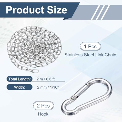 304 Stainless Steel Link Chain with 2 Hook (1/16" x 6.6 ft / 2 m x 2 Mm) - Utility Hanging Coil Chain Link Locking Pulling for Outdoor Fence Pet Dog - size: 1/16" x 6.6 ft(2 m x 2 Mm)