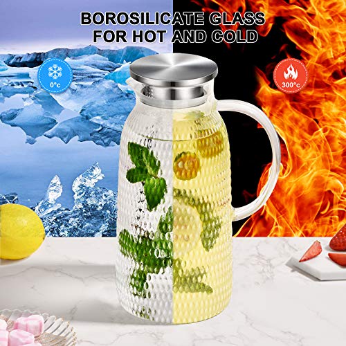 Aofmee 80oz Glass Pitcher with Lid, 2.4 Liter Water Pitcher, Glass Carafe for Cold or Hot Beverages, Sun Tea Jar, Easy Clean Heat Resistant Jug for Juice, Milk | Thickened Borosilicate Glass Iced Tea Pitcher, Drip-free Spout, Heat Resistant, Stovetop Dish