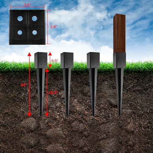 LADECH 4x4 Fence Post Anchor 24' Black Powder Coated Metal Ground Spike Mailbox Post Anchors