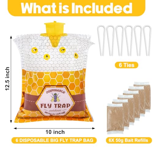 Large Hanging Fly Traps Outdoor with Dissolvable Bait Refills-6 Pack | Disposable 50g Pre-Baited Fly Hunter, Weatherproof Outdoor Fly Bags, Fly Catcher for Chicken Coop Barn Ranch Farm - size: 6 Packs