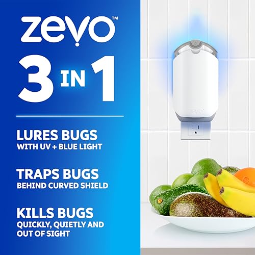Zevo Flying Insect Trap for Fruit Flies & Gnats, 4 Bases & 4 Refills | Fly Trap Catches House Flies, Gnats & Fruit Flies 24/7, Spray-Free, Odor-Free, Blue & UV Light, Safe for Kids & Pets* - style: 4 Devices & 4 Cartridges