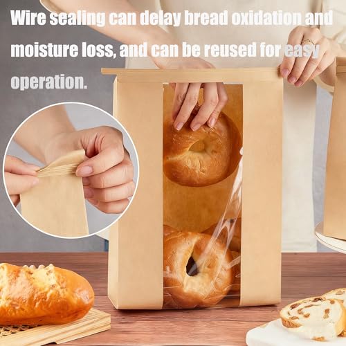 120 Pcs Paper Bread Bags for Homemade Bread with Tin Tie Tab Lock,Large Sourdough Bags Bakery Bag for Packaging Gift Giving,14" x 8.3" x 3.5",Clear Front Window,Includes 500 Sealing Stickers