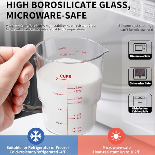 Newness 2-Cup Glass Measuring Cup For Baking and Cooking, (Upgraded, 3 Marking Including Cup/ML/Ounce Scale) Dishwasher, Freezer, Microwave, and Preheated Oven Safe, Essential Kitchen Tools - color: Red Measuring Scale, size: 500ML