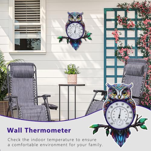 Large Outdoor Thermometer, Printed Owl Wall Thermometer | 22" Metal Indoor & Outside Thermometer with Large Number for Patio Home Room Decor - color: Multi Owl