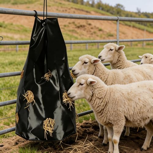 Hay Bag for Horses, Rugged Slow Feed Hay Bags for Goats,Sheep,Donkey,Cows, Alpacas and Ostriches, Premium PVC Waterproof Horse Feeder with 9 Holes,Tear-Resistant, Easy to Fill, Large Opening