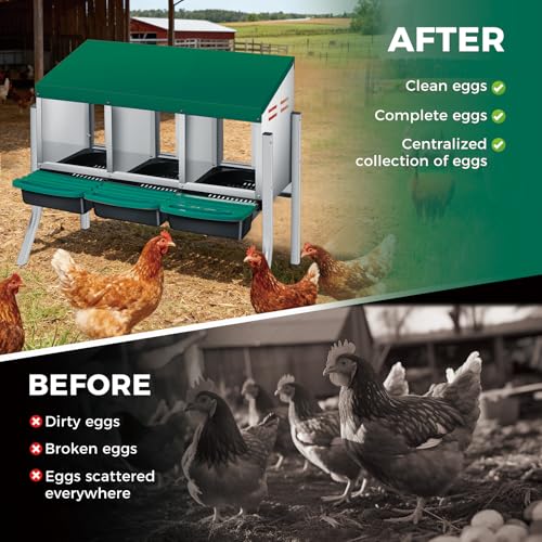 3 Hole Roll Away Chicken Nesting Box - Heavy Duty Metal Laying Box, Easy Egg Collection & Cleaning with Removable Tray for Poultry Coop, Backyard, Farm, with Bracket Legs - color: green, size: 3 holes with legs
