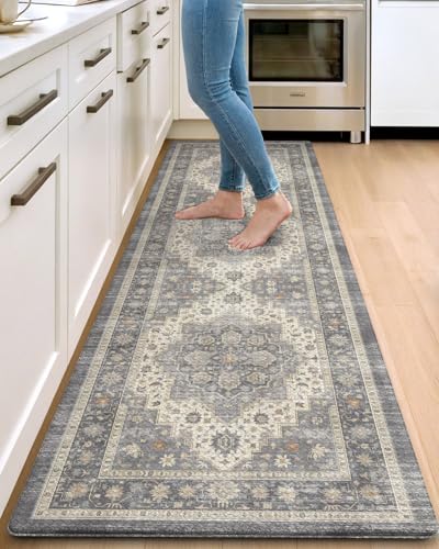 DEXI Kitchen Floor Mats Cushioned Anti Fatigue Runner Rug, 23x86 Pale Grey | Waterproof,Soft and comfrt memory Foam,Easy Care,Vintage Style,Front Sink Laundry Office - color: Pale Grey, size: 86"l X 23"w X 0.4"th