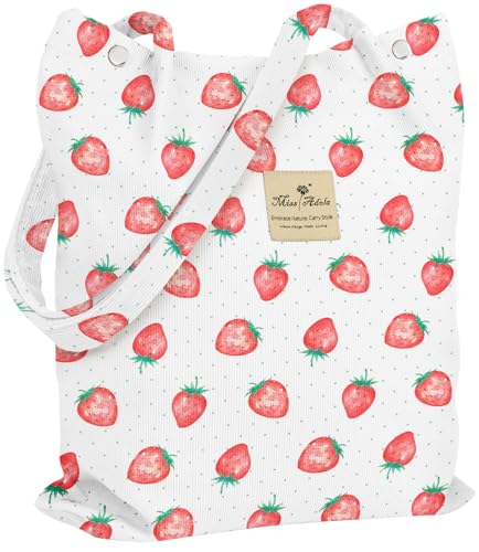 Miss Adola Corduroy Tote Bag for Women with Aesthetic Design | Magnetic Buckle & Pocket, Reusable, Soft, Roomy, Long Shoulder Handles, Double-sided Print, Casual Daily Work, Grocery Bags - color: Strawberry Dots, size: Large