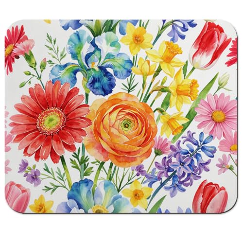 Vibrant Watercolor Flower Garden Mouse Pad 9.5" x 7.9", Colorful Floral Cute Desk Mat, Spring Botanical Art - color: Flower Garden