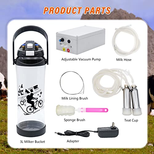 3L Cow Milking Machine Electric Pulsation Vacuum Pump Cow Milker | Portable Milking Machine for Cow, Adjustable Speed, 2 Teat Cups - style: Cow