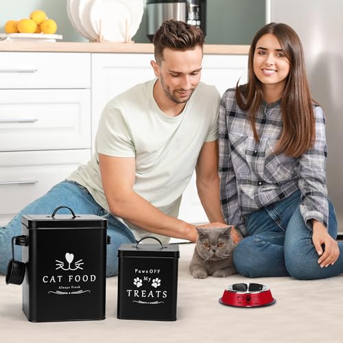 Meraki Home Farmhouse Cat Food and Treats Containers + Feed Scoop + Pet Food Bowl - Tight Lids - Large Metal Storage Bin - Great Gift for Cute Pets (Matte Black) - color: Matte Black