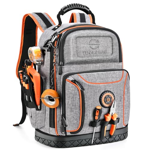 LOKASS 18.1-inch Heavy-Duty Tool Backpack, 75 Pockets, Gray | 110 lbs Load Tested, 1680D Tear-Resistant Fabric, Removable Tool Panel, Combination Lock, Electricians, HVAC Pros - color: Grey