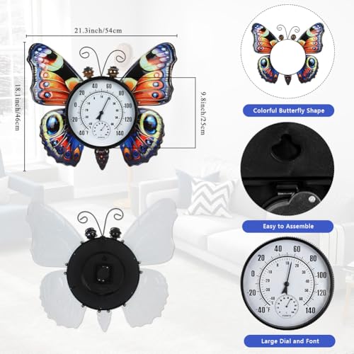 Large Outdoor Thermometer, Printed Butterfly Wall Thermometers | 23.6" Metal Indoor & Outside Thermometer with Large Number for Patio Home Room Decor - color: Multi Butterfly