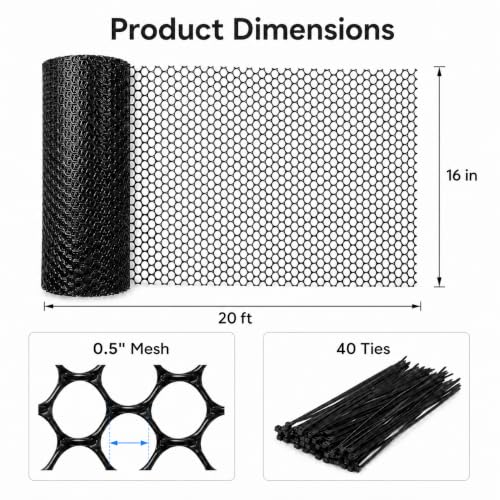 Gardzen Plastic Chicken Wire Mesh 16in x 20ft with 40 pcs Ties | Durable Chicken Fence for Poultry, Garden Protection & DIY Crafting, Heavy-Duty Mesh Netting for Outdoor & Indoor Use - size: 16In x 20ft