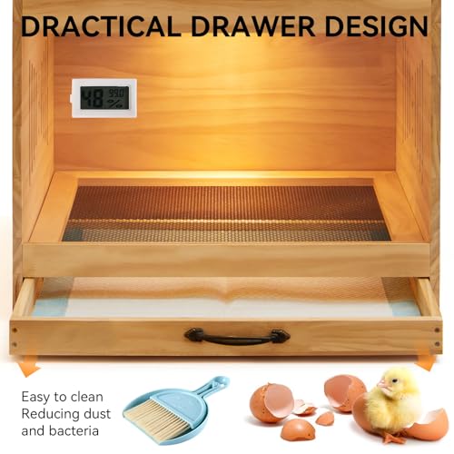 Brooder Box for Chicks, Wooden Chicken Brooder with Heat Lamp | Thermometer included, Clear acrylic panels, Slide-out mesh drawer, 5 disposable liners, Cleaning tools, Easy assembly