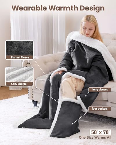 Wearable Heated Blanket with Foot Pocket, Flannel & Sherpa,50"x70",Grey,ETL | Wearable Electric Throw Blanket with Sleeves,9 Heating Levels Snuggle Warm Blanket,2H-10H Auto Off Heated Robe,ETL Certified - size: 50"x70"