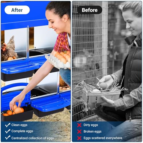 Chicken Nesting Boxes, 6 Hole Metal Chicken Laying Box with with Removable Trays and Roll Out Egg Collection for Chicken Coop, with Metal Bracket, Blue - color: Blue, size: 35.4"L x 17.5"W x 9.1"H