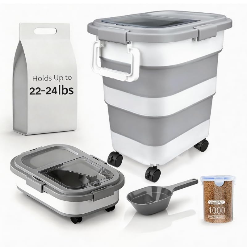 Collapsible Pet Food Storage Container, Airtight Dry Kibble Container with Detachable Wheels and Handle Storage Bin, Foldable Dog Cat Food Holder for Pantry Organization, 22-24 lbs