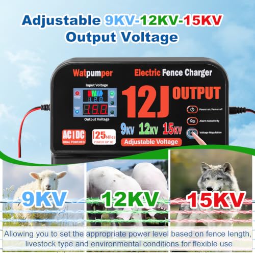 13 Joule Electric Fence Charger, 13 Joule Stored / 12 Joule Output Electric Fence Energizer, Adjustable 9KV 12KV 15KV Output Voltage, Range 25 Miles, Dual Power 12V DC / 100-240V AC, with Alarm