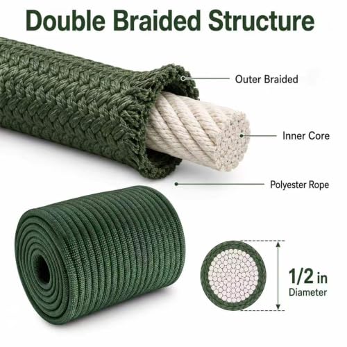 Double Braided Arborist Rope - 1/2 Inch x 200 Feet Polyester Rope - High Strength Climbing Rope for Tree Work, Halyard, Sailing(ArmyGreen) - size: 1/2 in×200 ft