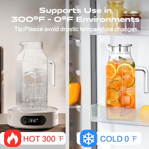 Aofmee 68oz Glass Pitcher with Lid and Handle for Fridge, Clear Handle | Iced Tea Pitcher for Fridge, Borosilicate Glass Carafe, Sun Tea Jar, Dual Pour Stainless Lid, Dishwasher Safe - color: Clear Handle