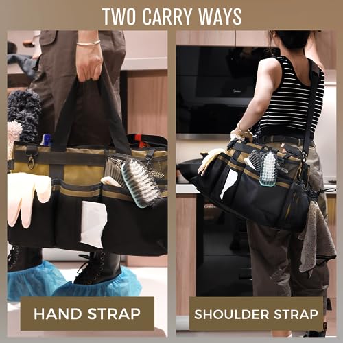 SCAVATA Wearable Cleaning Caddy Organizer with Handle & Shoulder Straps for Housekeepers, Under Sink & Car Cleaning Tool Organizer Bag with 4 Foldable Dividers (Tan) - color: Tan