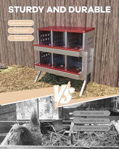 GarveeTech Chicken Nesting Box for Laying Eggs, 6 Compartment Galvanized Steel Laying Boxes for Hens with Front Access Tray, Easy Wall Mount, Includes 6 Training Eggs - color: Red