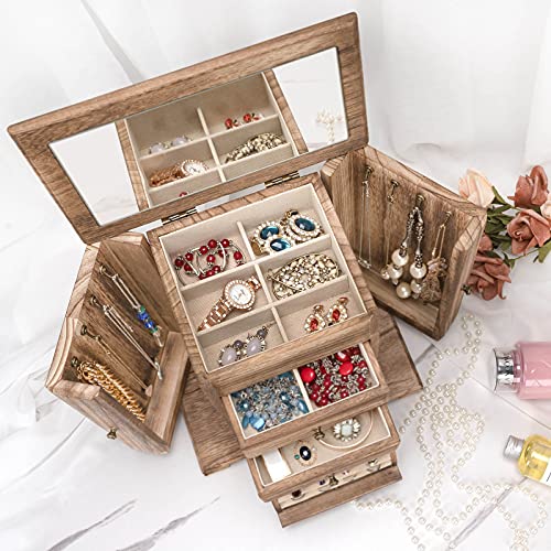 Emfogo Jewelry Box for Women, Rustic Wooden Jewelry Boxes & Organizers with Mirror, 4 Layer Jewelry Organizer Box Display for Rings Earrings Necklaces Bracelets (Rustic Brown) - color: Rustic Brown