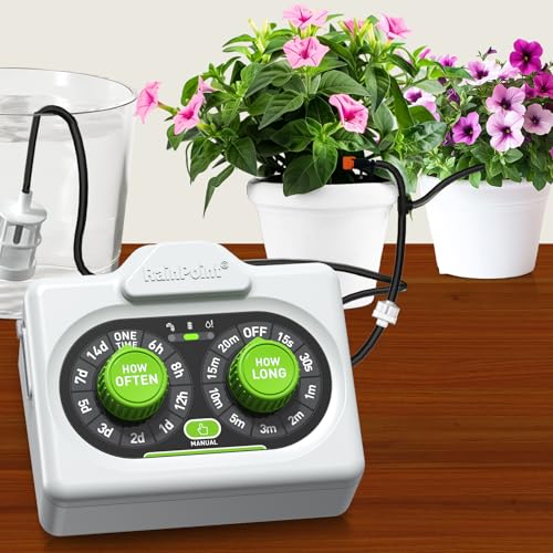 RAINPOINT Easy-Setup Automatic Plant Waterer Indoor for Pot Plant Adjustable Water Output,Battery Powered Outdoor IP54 Waterproof Drip Irrigation System Device Kit Beginner-Friendly Water 10-15 Plants - color: White, size: Knob Control