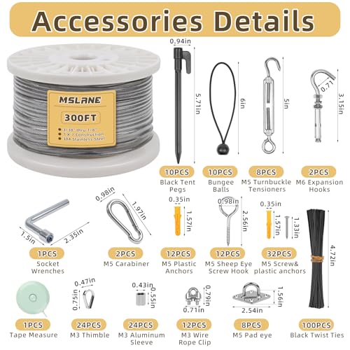 1/8" Wire Rope Kit 300FT Aircraft Cable Vinyl Coated 304 Stainless Steel Wire,7x7 Strand Cable Kit for Outdoor String Lights,Climbing Plants,Pictures,Clothes,Curtain Hanging - size: 1/8" steel cable 300FT