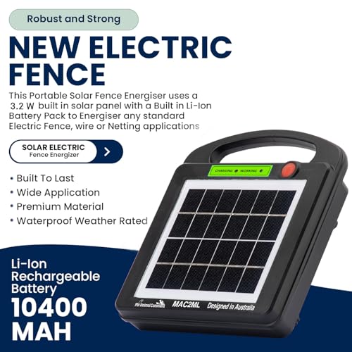 My Animal Command Solar Power Electric Fence Energizer Charger 0.2 Joules | Lithium Ion Battery, Containment, Protection, Livestock, Pet, Horses, Cattle, Sheep, Earthing rod included - size: Mini MAC2ML 0.2 Joules