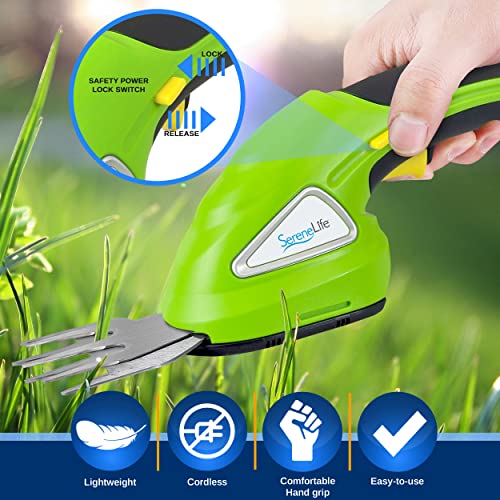 SereneLife Cordless Handheld Grass Cutter Shears, Portable Lightweight Electric Hedge Trimmer, Hand Held Garden Clippers Powered with Rechargeable 3.6V Battery, Changeable Blade Trimmers Light Green - color: Green