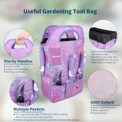 Purple Garden Tools Set 10 Pieces, Gardening Gifts for Women | Aluminum Alloy Steel Hand Tool Kit w/Non-Slip Ergonomic Handle, Floral Print Garden Supplies Organizer Handbag, Gardening Set - color: purple
