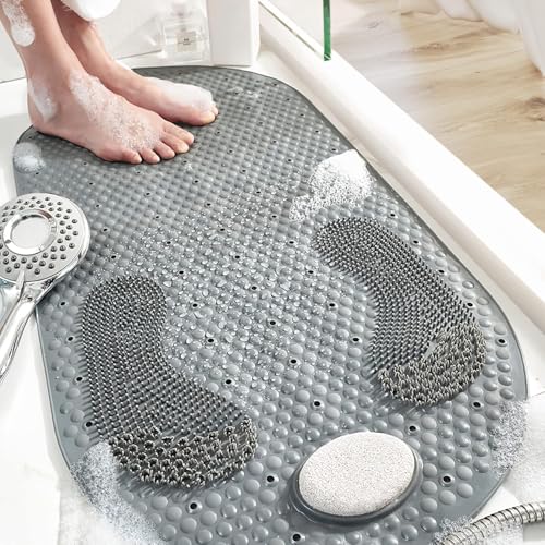Bath Mat, TPE Non Slip Shower Mat with Suction Cups, 15.7 x 31.4 inch, Foot Scrubber Bath Mats with Removable Pumice Stone for Foot Massage - color: Grey