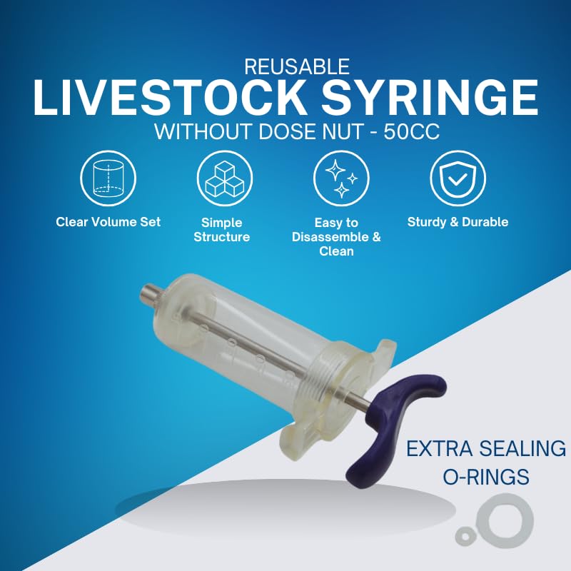 Reusable Veterinary Syringe Without Dose Nut – (50cc) - For Livestock Use | Durable Plastic Barrel | Luer-Lock & Luer-Slip Compatible | Equine, and Veterinary Use | Available in 10cc, 20cc, 30cc, 50cc - size: 50cc